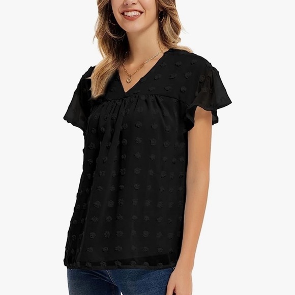 GRACE KARIN 2023 Casual Swiss Dot Chiffon V Neck Short Sleeve Flowy Blouse - Picture 2 of 11
